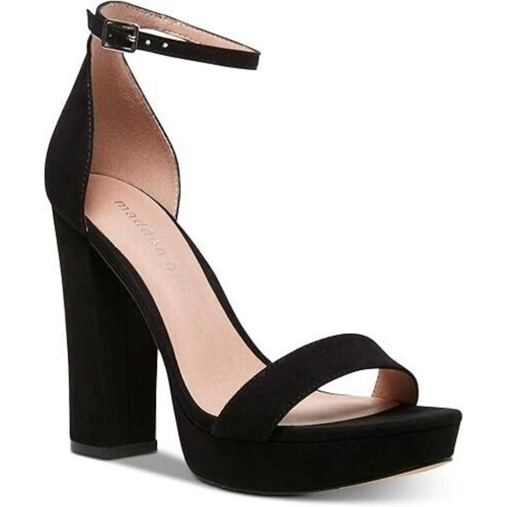 Madden Girl Women's Suzy Chunky Heels with Buckled Ankle-Strap Black Size 9.5M